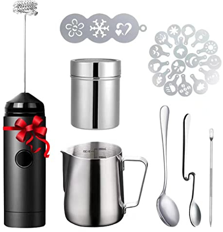 Milk Frother Handheld Art Set - with Milk Frother Pitcher, Powder Cocoa Shaker, Latte Art Pen, Coffee Stencils, Coffee Spoons