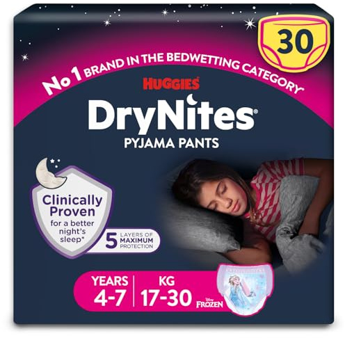 HUGGIES DryNites pyjamasbyxor, flickor 4-7 år (17-30 kg), 30 x sängkläder byxor, upp till 100% läckagefria nätter