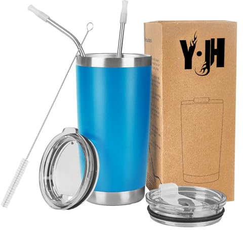 Y·JH 20oz (550ml) Bicchiere da viaggio Tazza da caffè a doppia parete isolata sottovuoto Tazza da caffè in acciaio inossidabile con 2 coperchi antispruzzo, 2 cannucce, senza BPA - Blu Cielo