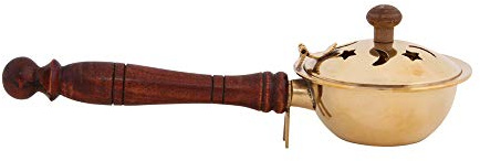Bitto Braciere per Incenso DSCHIDDA Ottone con Manico in Legno e Coperchio, Lunghezza: 18 cm, Altezza: 6 cm, Ø 8,5 cm