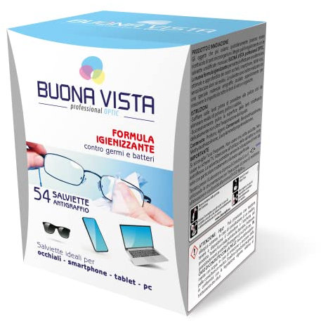 Buena Vista Toallitas Ideales para Gafas, Smartphone, Tablet y PC, Fórmula Higienizzante con Alcohol, Material Especial Antiarañazos, Paquete con 54 Toallitas
