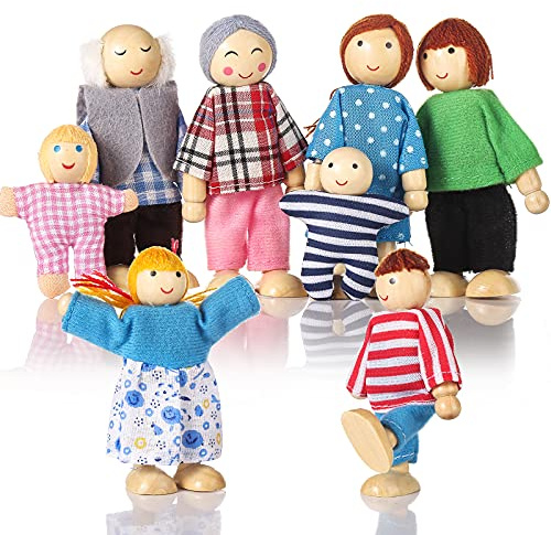 Jzszera Wooden Doll House People of 8 Figures, Dolls Family Set for Girls Toddler Kids Dollhouse Accessories Toy