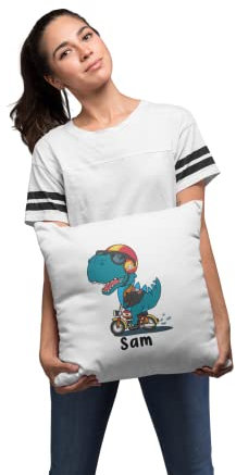 Sambosa Kinder Kissen Personalisiert mit lustigem Dino Motiv und Wunschname - individuelle Geschenke Kissenbezug Kissenhülle Kind Geburtstag Junge Mädchen Geschenkidee