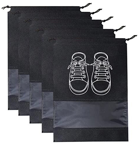 PLABBDPL 5 Stück Schuhbeutel mit Sichtfenster, Reise Schuhbeutel Große Wasserabweisend Schuhtasche, Staubdicht Schuhsack mit Zugband, Schuhtaschen für Reisen oder Zuhause-Aufbewahrung, Schwarz