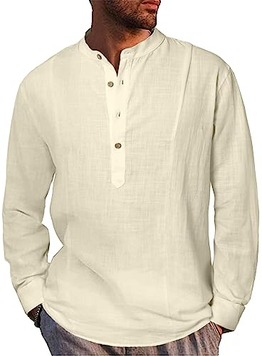 LVCBL skjorta herr Henley långärmad skjorta bomull linne skjorta vår sommar fritidsskjorta normal passform casual skjorta, Beige, M