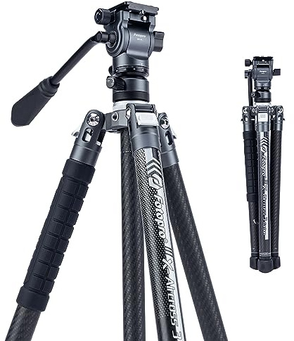 Fotopro X-Aircross 3 Video 62 Zoll leichtes Reise-Kamera-Stativ mit Fluid-Kopf 2.35lbs ultraleichtes tragbares professionelles Video-Reisestativ aus Kohlefaser für Kamera DSLR Last bis zu 22lbs grau