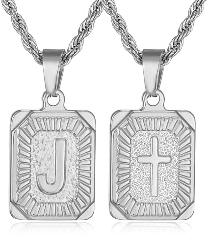 SKQIR initial Letter Necklaces for Men, Plated J Silver Square Pandent Letter Necklace for Women,Cross Necklace with Letter chain Pendant for Boys