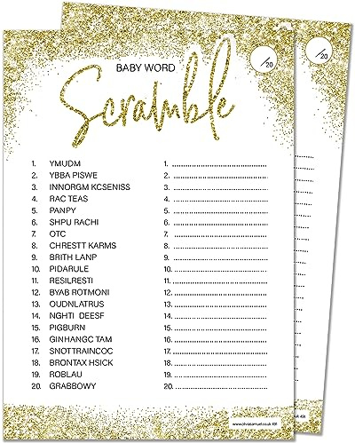 Olivia Samuel Word Scramble Baby Shower Game for up to 30 Players from Gold Sparkle Design with Winner Certificate – Unisex – Made in the UK