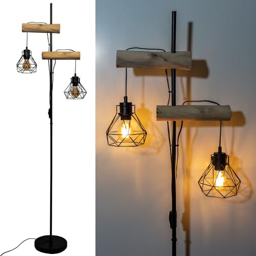 Osasy Lampada da Terra Industriale, Design Vintage, Legno Naturale e Metallo Nero, Paralume Geometrico, Interruttori Indipendenti, per Salotto e Camera(senza lampadine)