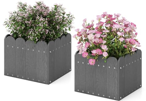 COSTWAY 2er Pflanzkübel wetterfest, Blumenkübel HDPE, Garten Blumenkasten rechteckig, Blumenbeet mit Abflusslücken, Hochbeet Blumentopf Pflanzbeet, Pflanzkasten Blumentrog (32x30x25 cm,Grau)
