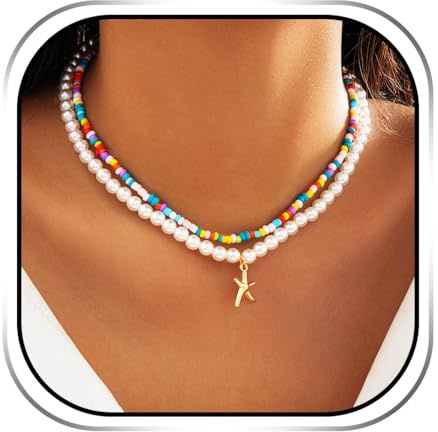 Handcess Perlen Halskette Gold Stern Anhänger Halsketten Boho Bunt Halskette für Damen