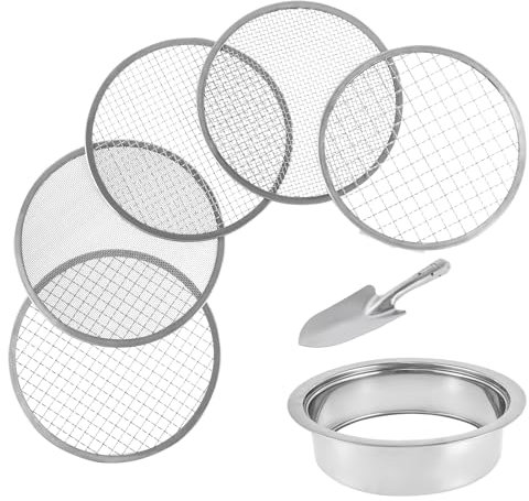 Soil Sieve Set with 8inch Diameter 5 Grid Sizes 1/3/6/9/12mm Interchangeable Meshes Stainless Steel Garden Sieves Set with Shovel, Soil Sifter Set for Gardening Dirt Sand Soil Rocks