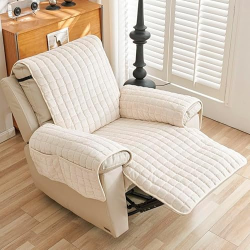 HLTQL Sesselschoner Mit Armlehne Sessel üBerzug rutschfest Mit Aufbewahrungstasche SesselüBerwüRfe Armlehnenschoner BezüG FüR Zuhause Mit Kindern Und Haustieren,Beige-1Sitz(53x190cm)