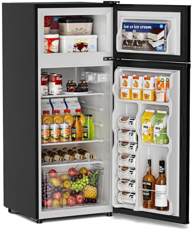 Tehanld Double Door Refrigerator with Freezer, 4.5 Cu.Ft, Small Fridge with Freezer, 7 Settings Temperature Adjustable, Mini Refrigerator for Apartment Bedroom Dorm and Office (4.5 Cu.Ft, Black)