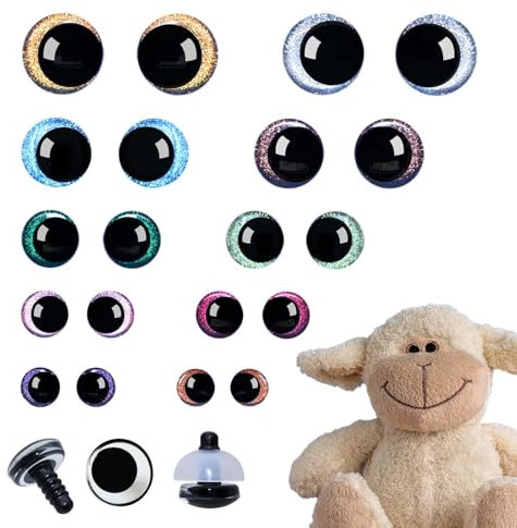 Joyek 20 STK Glitzer Augen für häkeltiere 12-20mm Amigurumi Augen mit Unterlegscheiben Bunt Sicherheitsaugen für Häkeltiere 3D Kunststoff Bastelaugen für Stofftiere Puppe Plüschtier Teddyaugen