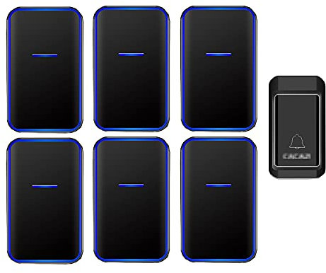 SnamicE Sonnette sans fil, 6 récepteurs enfichables et 1 bouton auto-alimenté, sonnette de porte étanche, carillon sans fil fonctionnant à 100 m, 38 mélodies, 4 volumes ajustés, noir, noir