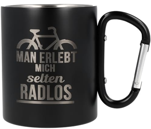 Spruchreif | Edelstahltasse mit Karabinerhaken Henkel mit Gravur Radlos in Schwarz Matt | Geschenk Radfahrer Mountainbiker | Radsport Geschenke