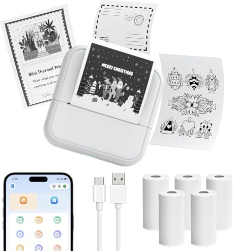 OFFCUP Mini Drucker Mini Fotodrucker mit 5 Papierrollen Tragbarer Mini Printer Thermodrucker Taschendrucker Smartphone Bluetooth Drucker für iOS und Android für Studiennotizen Fotos Etiketten, Weiß