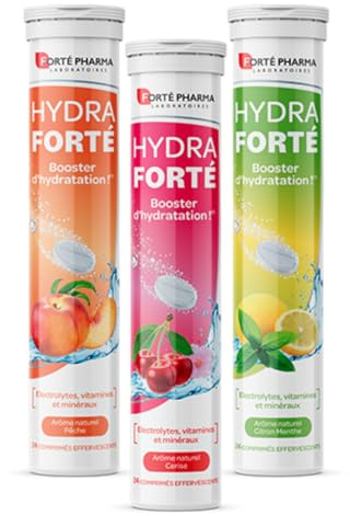 Forté Pharma - Hydra Forté - Sport, chaleur, voyages - Hydratation - Electrolytes, Vitamine C, Magnésium - Pêche, Citron Menthe, Cerise - 24x3 comprimés effervescents - 1 à 2/jour