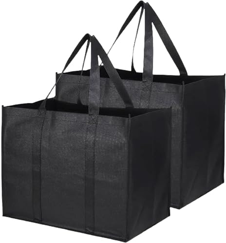 Ezranova Wiederverwendbare Einkaufstasche mit Griffen, faltbar, waschbar, aufrecht, verstärkt, mit Griff, extra groß und langlebig, für den Alltag, Picknick, Camping, 2 Stück (schwarz)