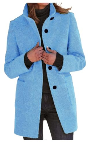 Generisch 2025 - Manteau d'hiver pour femme - Couleur unie - Col montant - Manteau en laine - Vêtement d'hiver pour femme, bleu clair, 5XL
