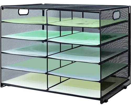 IOUGDSEC Papier-Briefablage mit Griff, 10 Etagen, Metallgitter, Schreibtisch-Organizer, A4-Papier-Schreibtisch-Ablagen für Heimbüro, Schwarz