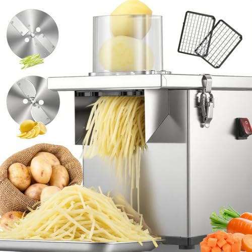 NEWTRY 3 en 1 Comercial Cortador de Verduras Eléctrico - Procesador de Alimentos de 200 W con Cárter de Acero Inoxidable, Función de Cortar en Cubos, Rallar y Rebanar,150 kg/h