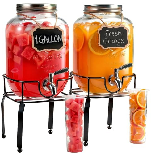 RuileMei 2 Pack1 Gallon Glass Drink Dispensers For Parties,Beverage Dispenser with Stand,304 Stainless Steel Spigot Leakproof,Lemonade Dispenser for Sun Tea, Homemade Juice