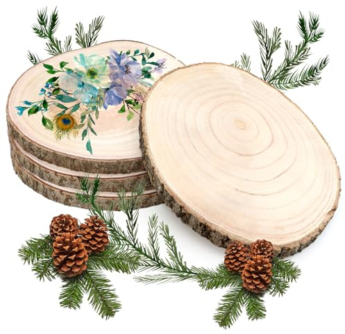 Scettar Holzscheiben 4 Stück, 23–26 cm und eine dicke von 15 mm Baumscheibe Holzplatte Rund für Tafelaufsätze DIY-Hochzeitsdekorationen Aus Holz Gemälde Untersetzer & zum Basteln (23-26cm)
