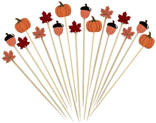 100 Pcs Pumpkin Hazelnut Maple Leaf Cocktail Sticks Handmade Wooden Cocktail Skewers Autumn Cupcake Finger Food Picks for Fall Thanksgiving Birthday Wedding Halloween Party Decoration Supplies