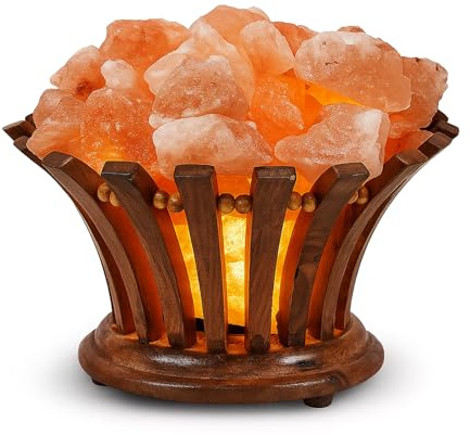 Himalayan Salt Lamp Basket – Salt Lamp with Wooden Bowl – Authentic Himalayan Crystal Night Light – Natural Pink Rock for Bedroom, Living Room, Office and Decor Gift