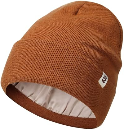 GADIEMKENSD Stickad satinfodrad mössa, ullblandning, värme, antistatisk, anti-plysch, skonsam hårvård, unisex, kastanj, 54/59 cm