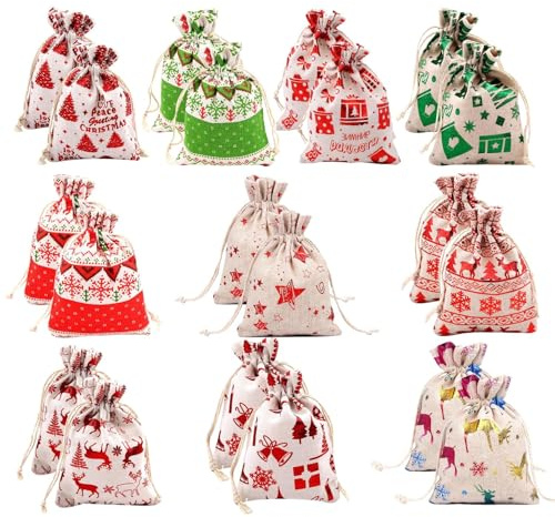 TYXHXTF 20 Pezzi Sacchetti Regalo Natale con Coulisse, Riutilizzabile Christmas Bag, Sacchetti di Natale per Regali, Schema diNatale,Utilizzato per Confezionare Caramelle e Snack (10 * 14cm)