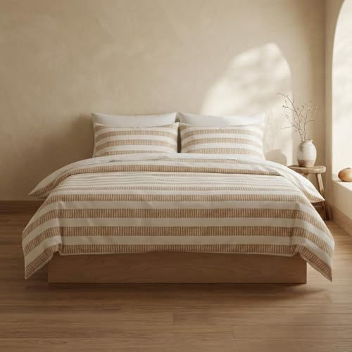 Juego Funda nórdica Cama 150/160 100% algodón - 2 Fundas Almohada 50x85 cm, Estampado líneas Beige