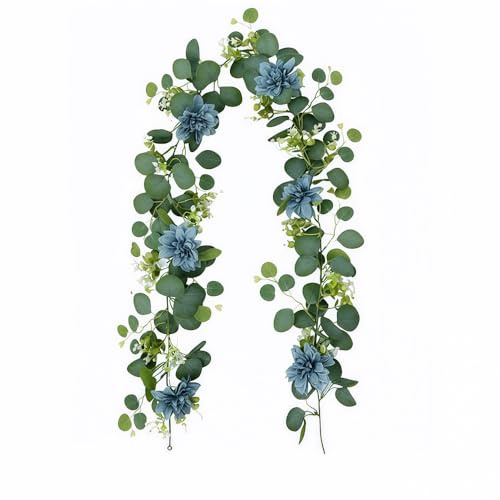Artificial Eucalyptus Garland with Blue Flowers, 5.9 Ft Faux Greenery Vine for Mantle Wedding Table Decoration, Hanging Green Leaf Swag for Indoor Outdoor