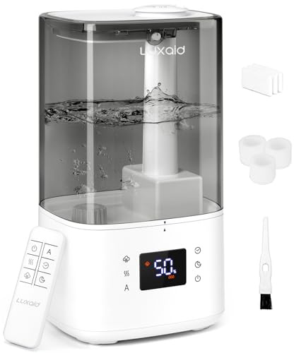 Luxaid 6L Ultraschall‑Luftbefeuchter Warm‑&Kaltnebel für Schlafzimmer | Bis 60 Std. Laufzeit, <28dB Schlafmodus, Top‑Fill, Fernbedienung, Timer, Hygrostat 45‑60% LF, Aromafach, Auto‑Abschaltung