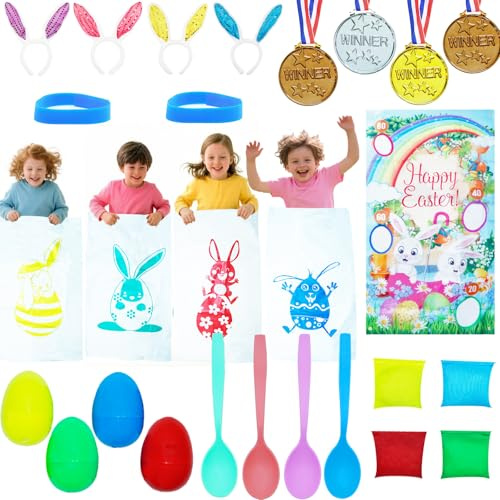 Decodinli Paquete de 27 juegos de fiesta al aire libre de Pascua para niños, 4 bolsas de salto de carreras de sacos de patata de conejo, 4 juegos de huevos y cucharas, pancarta de lanzamiento y 4