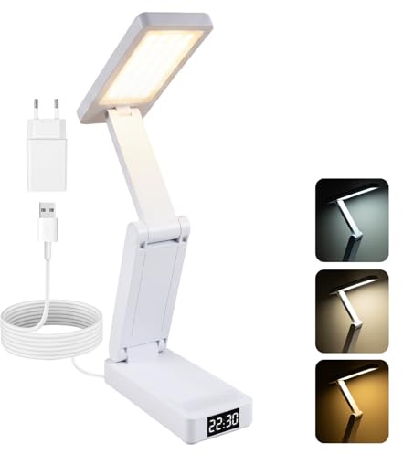 Carehabi Tischlampe Kabellos Schreibtischlampe LED 3600mAh Nachttischlampe LED Tischlampe 3 Farbmodi & Helligkeitsstufen Timmer und Uhrfunktion Leselampe Kinder für Schlafzimmer,Lesen,Lernen