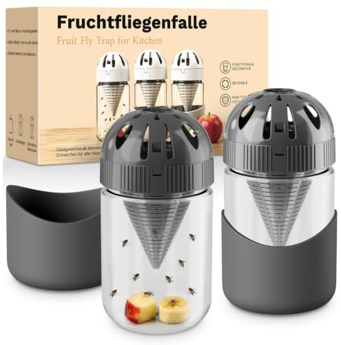 Lot de 2 pièges à mouches à fruits en verre, couvercle anti-fugue pour l'intérieur, efficace contre les mouches, pièges vivants réutilisables pour la maison, la cuisine, gris foncé