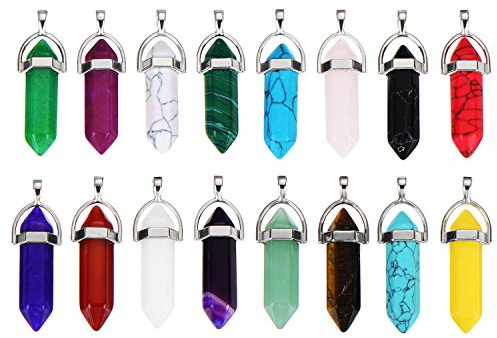 Lace Quartz Stone Hexagonal Shape Crystal Pendant Ball Gem Stone, 16 Pieces with Storage Bag, 16 Colours