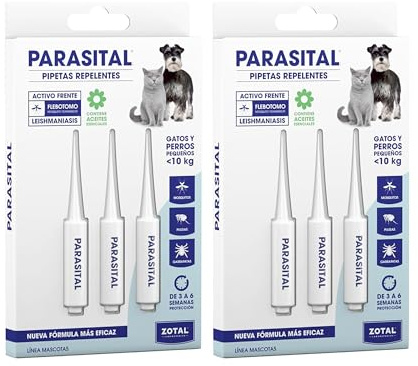 Zotal Parasital - Pack 2 Blíster de 3 Pipetas (6 en Total) Perros Pequeños y Gatos hasta 10 kg - Protección Pulgas, Garrapatas y Mosquitos - 3 a 6 Semanas por Pipeta - Resistente al Agua -