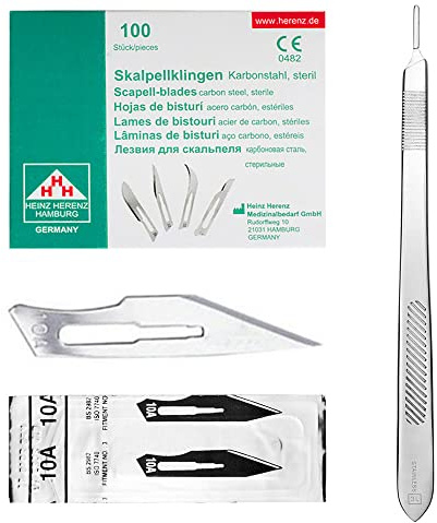 May Set: 100 Skalpellklingen Fig. 10A & Skalpellhalter 21 cm | 100x sterile Einwegklingen Fig. 10A aus Karbonstahl inkl. Halter Fig. 3 mit 21 cm langem Griff