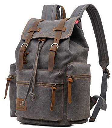 koolehaoda Vintage Canvas Lederrucksack Unisex Casual College Bag Wandertasche 46cm Laptop Business Rucksack Canvas Rucksack (L- Grau)