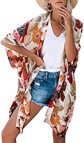 Dam blommigt tryck kortärmad sjal chiffong kimono cardigan casual blus toppar, Blomma aprikos, L