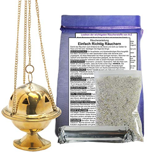 Weihrauchbrenner Räucherfass Weihrauchfass mit Einsatzschale und Kette Messing. Räuchergefäß zum hängen und schwenken für Weihrauch und jedes Räucherwerk. 6-TLG RÄUCHERSET. 5 x Zubehör. 82001-0