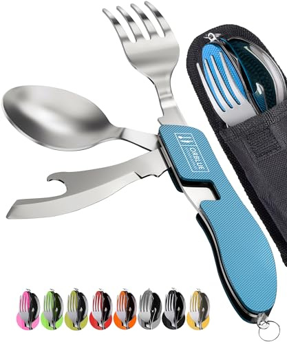 ORBLUE Posate da Campeggio Pieghevoli 4-in-1 (2 Pezzi), Kit Posate da Viaggio in Acciaio Inossidabile, Set Portatile con Forchetta e Cucchiaio, Ideale per Trekking e Bikepacking