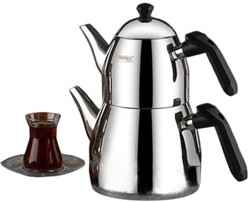 Hakan Kahramanlar Elmas – Théière turque en acier inoxydable avec poignée noire pour cuisinière, double théière avec poignées, théière de style samovar, bouilloire à thé (Mega – 1 l)