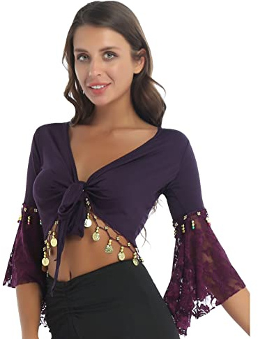 YOOJIA Boléro Femme Haut de Danse du Ventre Latine Femme Sexy Cardigan Dentelle Transparent Gilet Veste Danse Classique Ballet Blouse Sport Boléro Cérémonie Soirée Cocktail Violet B L