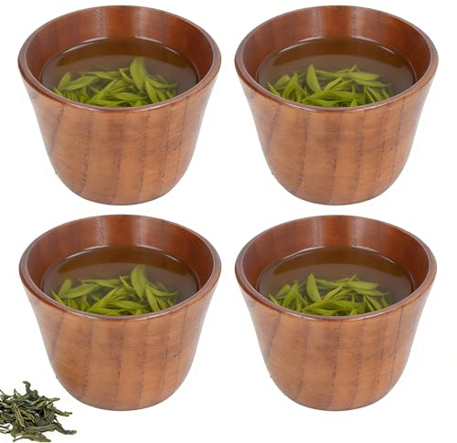 Tissting Set de 4 Tazas de Madera de Azufaifo 75ml - Estilo Japonés Retro, Aislantes Térmicas Naturales para Té, Café, Leche y Vino