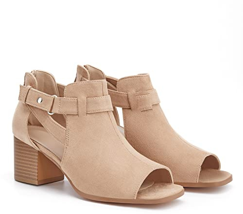LAICIGO Womens Peep Toe Booties Side Strap Chunky Heels Cutout Sandals with Back Zipper
